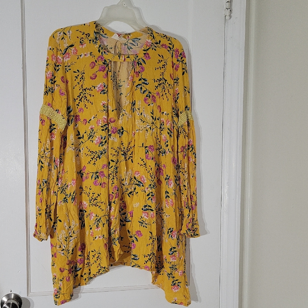 Etwo Mustard Floral Bobo Dress W/long Sleeves Sinched At Wrist  Has Pockers SZ L